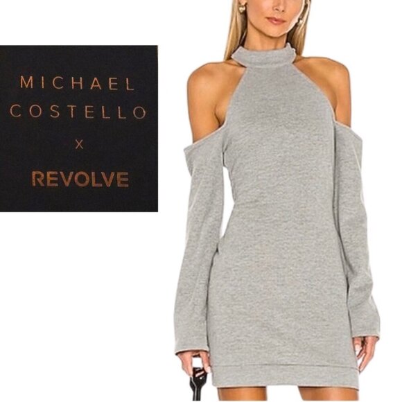 NWT, Michael Costello x Revolve, Halter Cold Shoulder Sweatshirt Dress, Gray - Picture 1 of 8